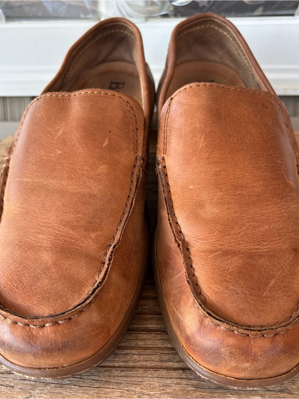 Born Men's 9 Distressed Leather Slip-On Loafers in Cognac Brown